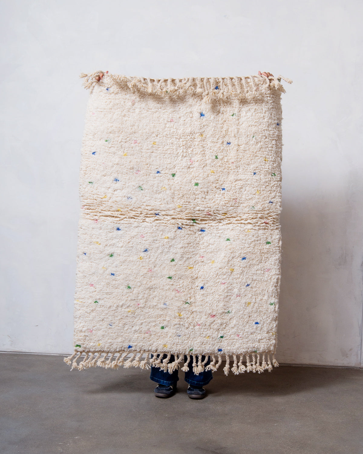 Modern, designer, handcrafted Berber rug from Morocco. Beniourain carpet with beautiful colours and patterns and fluffy wool texture.